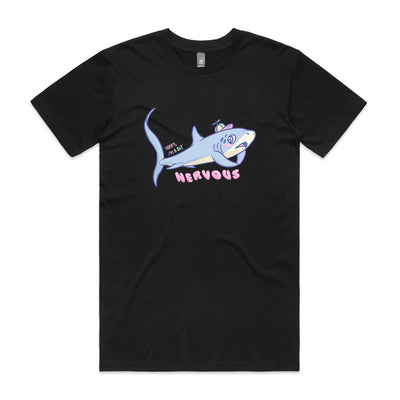 Nervous Shark Tee by Lonely Kids Club. All clothing from our T-shirts to our shorts and hoodies are ethically made, and printed packed and shipped from Sydney.