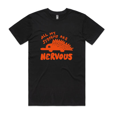 All My Systems Are Nervous Tee by Lonely Kids Club. All clothing from our T-shirts to our shorts and hoodies are ethically made, and printed packed and shipped from Sydney.