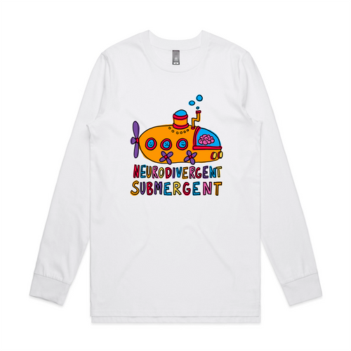 Neurodivergent Submergent Tee by Lonely Kids Club. All clothing from our T-shirts to our shorts and hoodies are ethically made, and printed packed and shipped from Sydney.