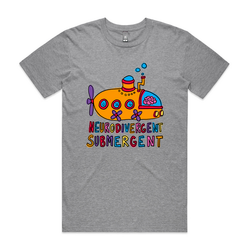 Neurodivergent Submergent Tee by Lonely Kids Club. All clothing from our T-shirts to our shorts and hoodies are ethically made, and printed packed and shipped from Sydney.