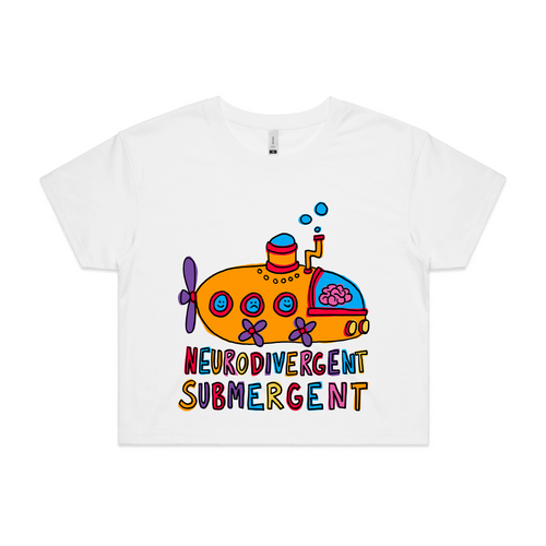 Neurodivergent Submergent Tee by Lonely Kids Club. All clothing from our T-shirts to our shorts and hoodies are ethically made, and printed packed and shipped from Sydney.