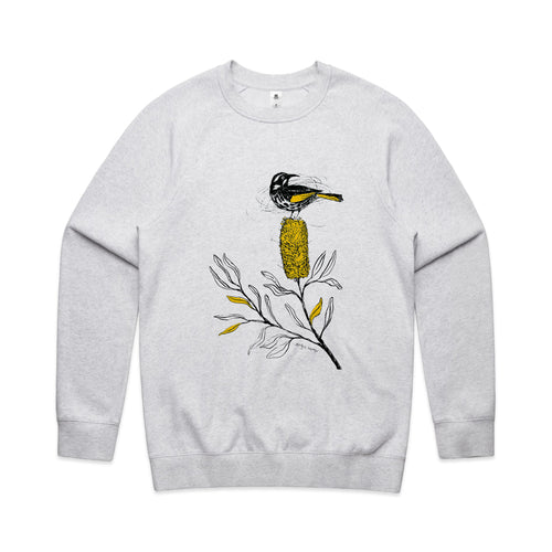 New Holland Honeyeater Jumper by Lonely Kids Club. All clothing from our T-shirts to our shorts and hoodies are ethically made, and printed packed and shipped from Sydney.