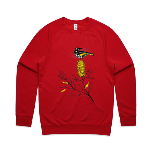 New Holland Honeyeater Jumper by Lonely Kids Club. All clothing from our T-shirts to our shorts and hoodies are ethically made, and printed packed and shipped from Sydney.