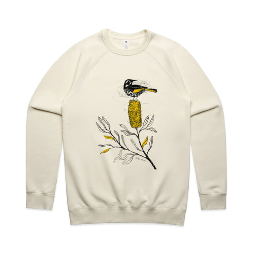 New Holland Honeyeater Jumper by Lonely Kids Club. All clothing from our T-shirts to our shorts and hoodies are ethically made, and printed packed and shipped from Sydney.
