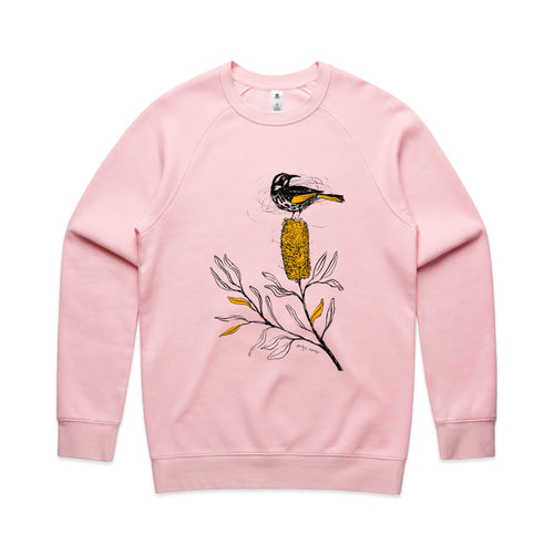 New Holland Honeyeater Jumper by Lonely Kids Club. All clothing from our T-shirts to our shorts and hoodies are ethically made, and printed packed and shipped from Sydney.