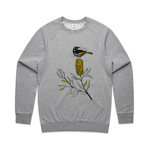 New Holland Honeyeater Jumper by Lonely Kids Club. All clothing from our T-shirts to our shorts and hoodies are ethically made, and printed packed and shipped from Sydney.