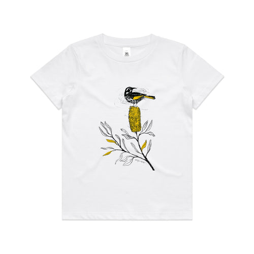 New Holland Honeyeater Kids Tee by Lonely Kids Club. All clothing from our T-shirts to our shorts and hoodies are ethically made, and printed packed and shipped from Sydney.
