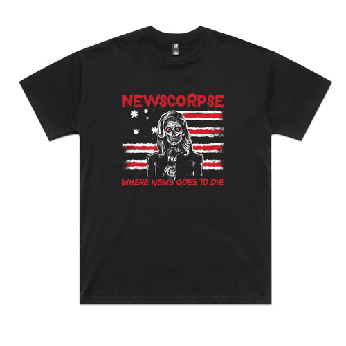 Newscorpse Tee by Lonely Kids Club. All clothing from our T-shirts to our shorts and hoodies are ethically made, and printed packed and shipped from Sydney.
