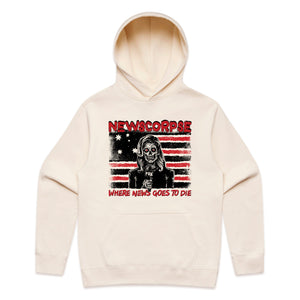 Newscorpse Hoodie by Lonely Kids Club. All clothing from our T-shirts to our shorts and hoodies are ethically made, and printed packed and shipped from Sydney.
