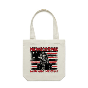 Newscorpse Tote by Lonely Kids Club. All clothing from our T-shirts to our shorts and hoodies are ethically made, and printed packed and shipped from Sydney.