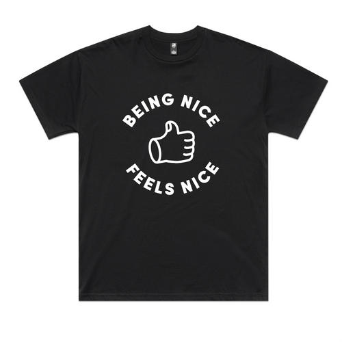 Being Nice Feels Nice Oversized Tee by Lonely Kids Club. All clothing from our T-shirts to our shorts and hoodies are ethically made, and printed packed and shipped from Sydney.