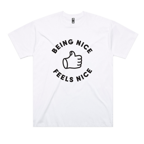 Being Nice Feels Nice Oversized Tee by Lonely Kids Club. All clothing from our T-shirts to our shorts and hoodies are ethically made, and printed packed and shipped from Sydney.