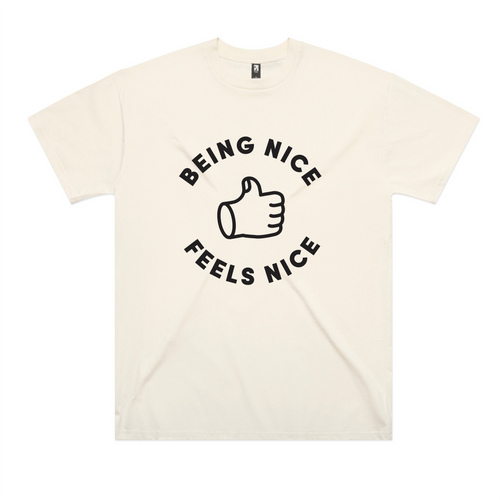 Being Nice Feels Nice Oversized Tee by Lonely Kids Club. All clothing from our T-shirts to our shorts and hoodies are ethically made, and printed packed and shipped from Sydney.