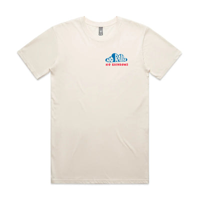 No Rain No Rainbows Tee by Lonely Kids Club. All clothing from our T-shirts to our shorts and hoodies are ethically made, and printed packed and shipped from Sydney.