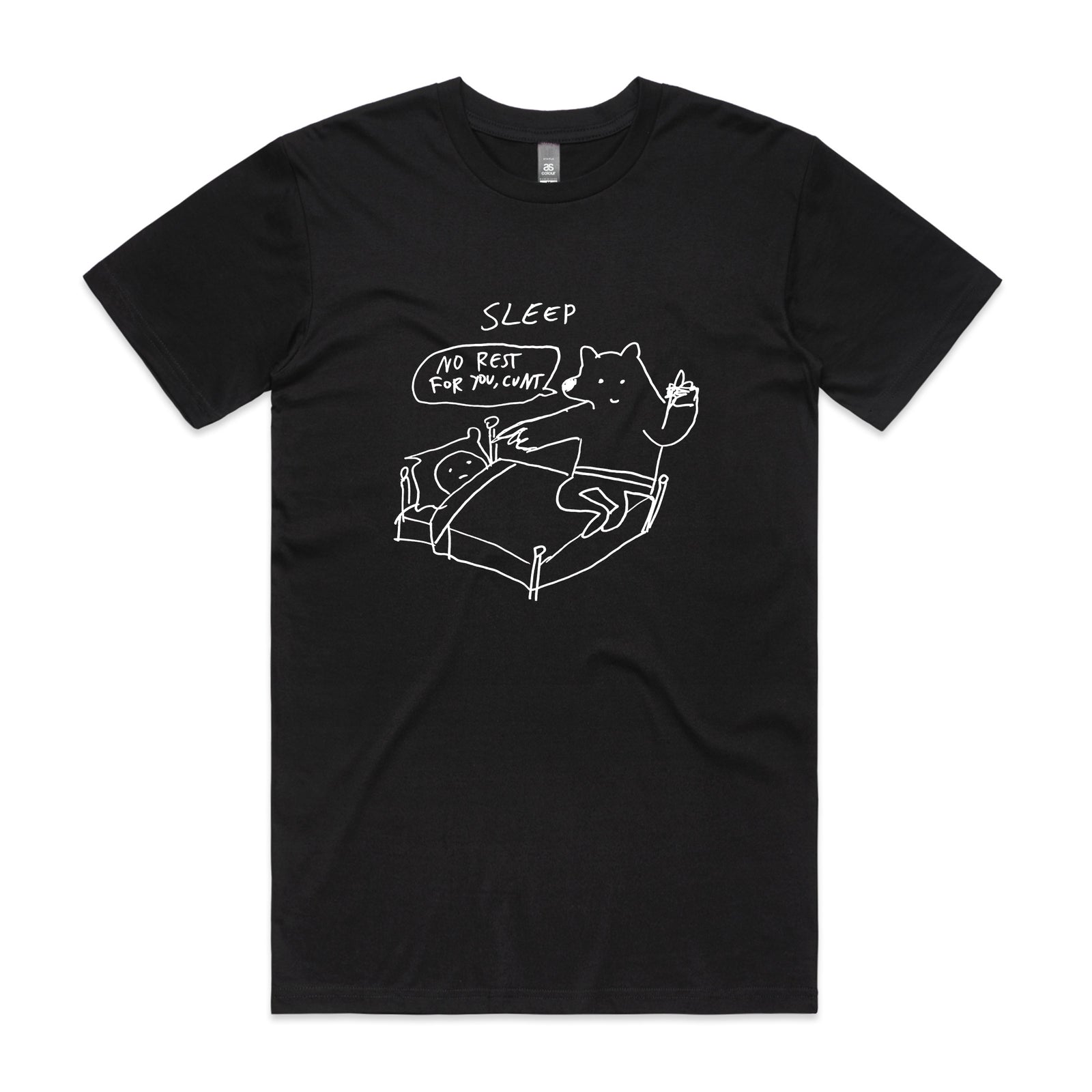 Black t-shirt with white graphic and text on a white background
