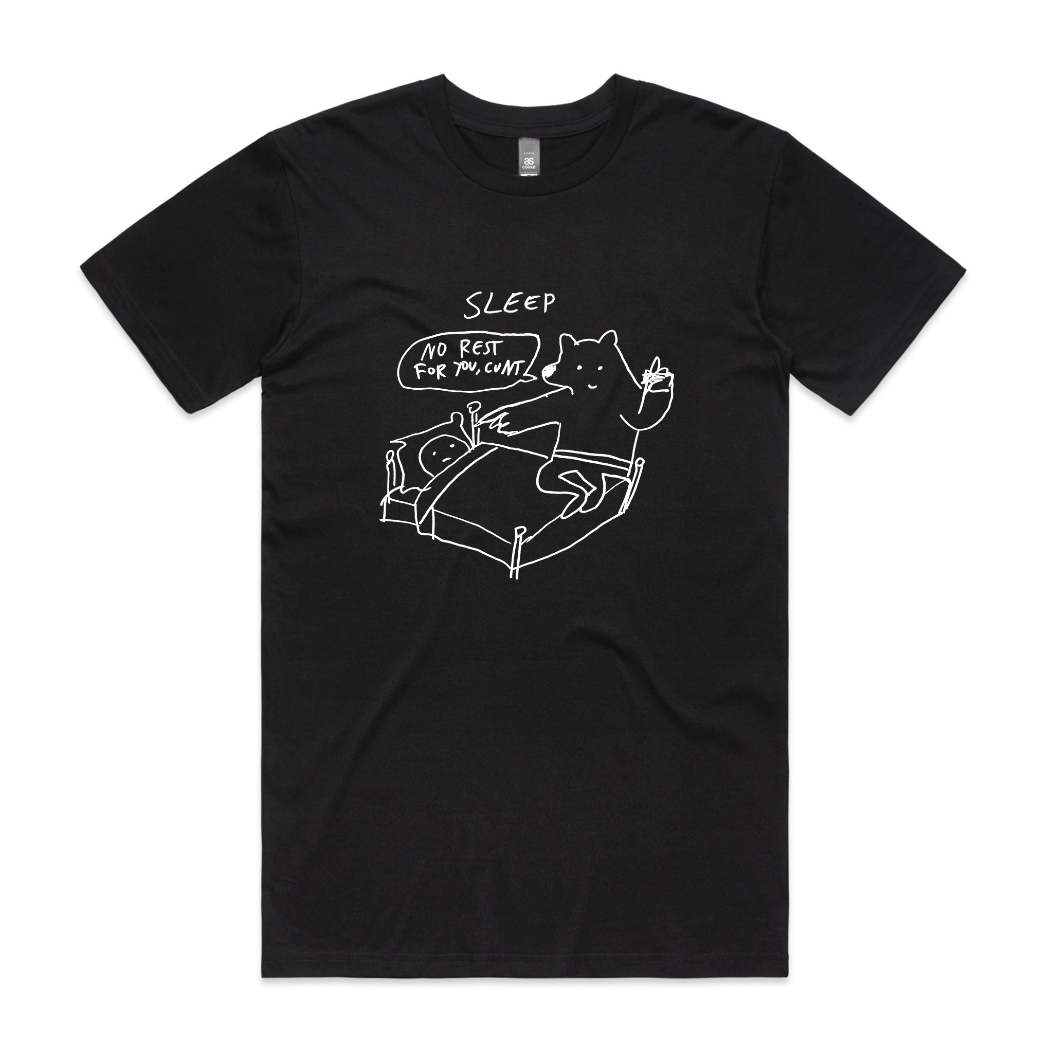 Black t-shirt with white graphic and text on a white background