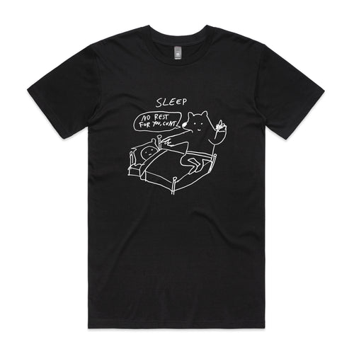 Black t-shirt with white graphic and text on a white background