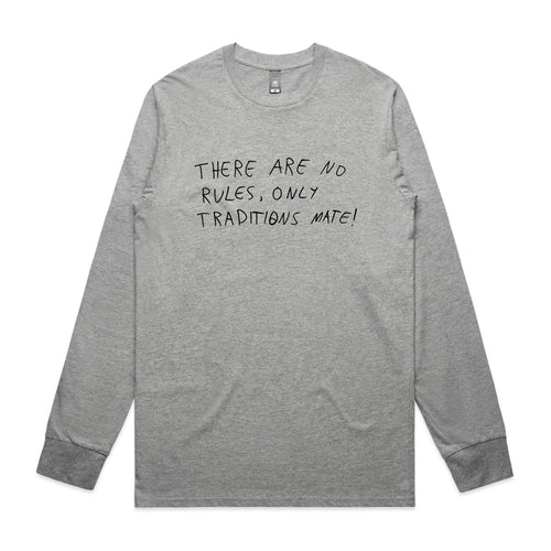 No Rules Only Traditions Tee by Lonely Kids Club. All clothing from our T-shirts to our shorts and hoodies are ethically made, and printed packed and shipped from Sydney.