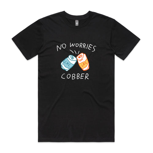 No Worries Cobber Tee by Lonely Kids Club. All clothing from our T-shirts to our shorts and hoodies are ethically made, and printed packed and shipped from Sydney.