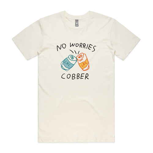 No Worries Cobber Tee by Lonely Kids Club. All clothing from our T-shirts to our shorts and hoodies are ethically made, and printed packed and shipped from Sydney.