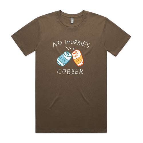 No Worries Cobber Tee by Lonely Kids Club. All clothing from our T-shirts to our shorts and hoodies are ethically made, and printed packed and shipped from Sydney.