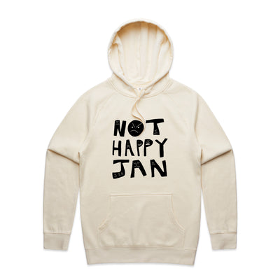 Not Happy Jan Hoodie by Lonely Kids Club. All clothing from our T-shirts to our shorts and hoodies are ethically made, and printed packed and shipped from Sydney.
