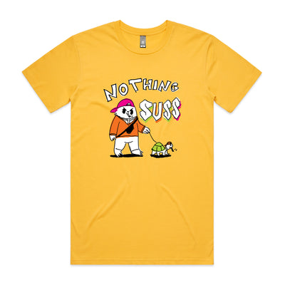 Nothing Suss Tee by Lonely Kids Club. All clothing from our T-shirts to our shorts and hoodies are ethically made, and printed packed and shipped from Sydney.