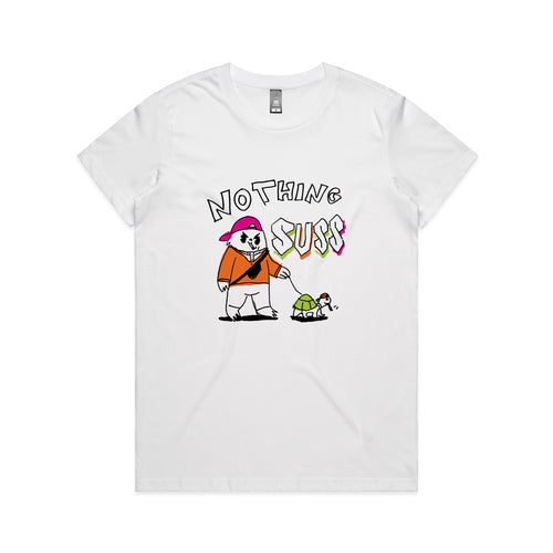 Nothing Suss Tee by Lonely Kids Club. All clothing from our T-shirts to our shorts and hoodies are ethically made, and printed packed and shipped from Sydney.