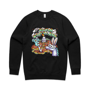 Nuclear Neverland Jumper by Lonely Kids Club. All clothing from our T-shirts to our shorts and hoodies are ethically made, and printed packed and shipped from Sydney.