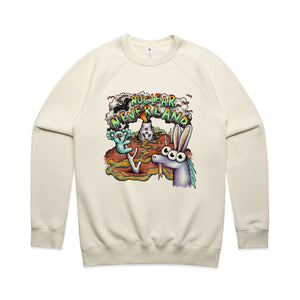 Nuclear Neverland Jumper by Lonely Kids Club. All clothing from our T-shirts to our shorts and hoodies are ethically made, and printed packed and shipped from Sydney.