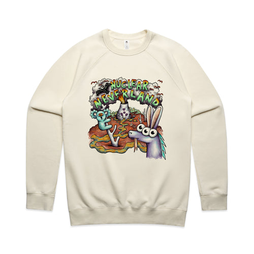 Nuclear Neverland Jumper by Lonely Kids Club. All clothing from our T-shirts to our shorts and hoodies are ethically made, and printed packed and shipped from Sydney.