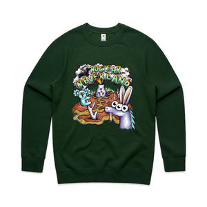 Nuclear Neverland Jumper by Lonely Kids Club. All clothing from our T-shirts to our shorts and hoodies are ethically made, and printed packed and shipped from Sydney.