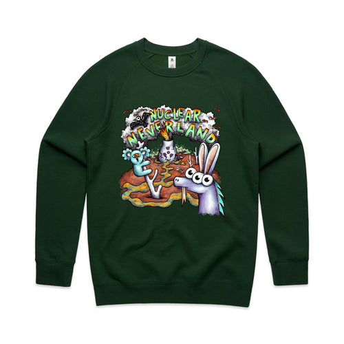 Nuclear Neverland Jumper by Lonely Kids Club. All clothing from our T-shirts to our shorts and hoodies are ethically made, and printed packed and shipped from Sydney.
