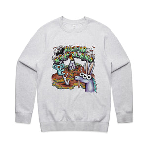 Nuclear Neverland Jumper by Lonely Kids Club. All clothing from our T-shirts to our shorts and hoodies are ethically made, and printed packed and shipped from Sydney.