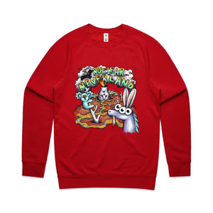 Nuclear Neverland Jumper by Lonely Kids Club. All clothing from our T-shirts to our shorts and hoodies are ethically made, and printed packed and shipped from Sydney.