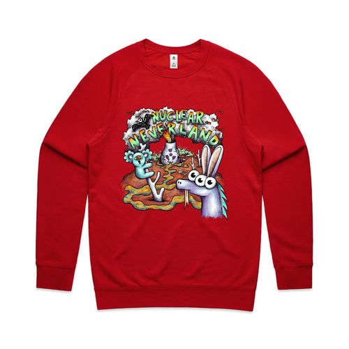 Nuclear Neverland Jumper by Lonely Kids Club. All clothing from our T-shirts to our shorts and hoodies are ethically made, and printed packed and shipped from Sydney.