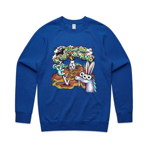 Nuclear Neverland Jumper by Lonely Kids Club. All clothing from our T-shirts to our shorts and hoodies are ethically made, and printed packed and shipped from Sydney.