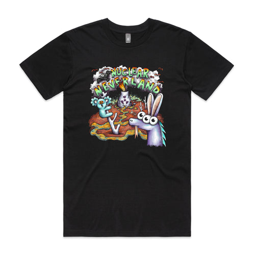 Nuclear Neverland Tee by Lonely Kids Club. All clothing from our T-shirts to our shorts and hoodies are ethically made, and printed packed and shipped from Sydney.