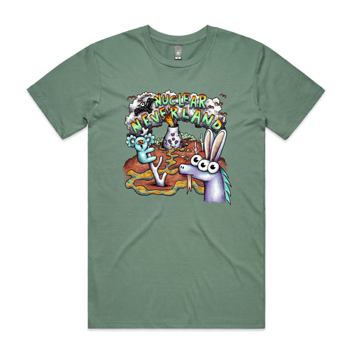 Nuclear Neverland Tee by Lonely Kids Club. All clothing from our T-shirts to our shorts and hoodies are ethically made, and printed packed and shipped from Sydney.