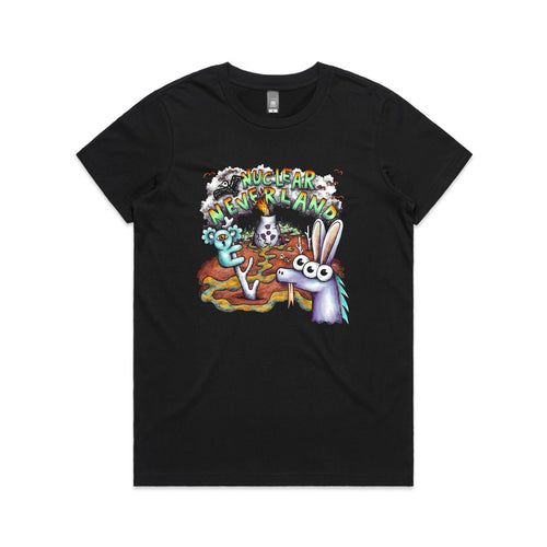 Nuclear Neverland Tee by Lonely Kids Club. All clothing from our T-shirts to our shorts and hoodies are ethically made, and printed packed and shipped from Sydney.