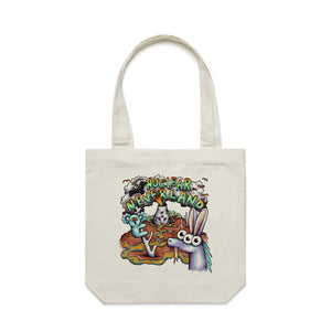 Nuclear Neverland Tote by Lonely Kids Club. All clothing from our T-shirts to our shorts and hoodies are ethically made, and printed packed and shipped from Sydney.