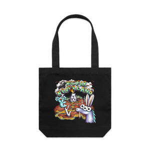 Nuclear Neverland Tote by Lonely Kids Club. All clothing from our T-shirts to our shorts and hoodies are ethically made, and printed packed and shipped from Sydney.