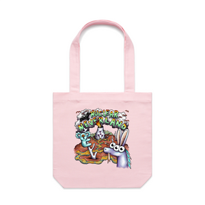 Nuclear Neverland Tote by Lonely Kids Club. All clothing from our T-shirts to our shorts and hoodies are ethically made, and printed packed and shipped from Sydney.