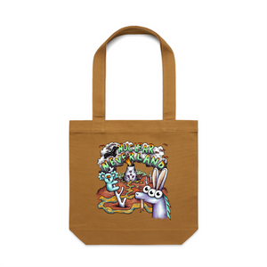 Nuclear Neverland Tote by Lonely Kids Club. All clothing from our T-shirts to our shorts and hoodies are ethically made, and printed packed and shipped from Sydney.