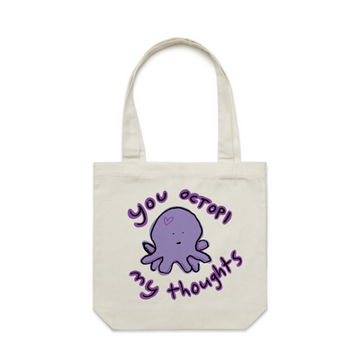 Octopi My Thoughts Tote by Lonely Kids Club. All clothing from our T-shirts to our shorts and hoodies are ethically made, and printed packed and shipped from Sydney.