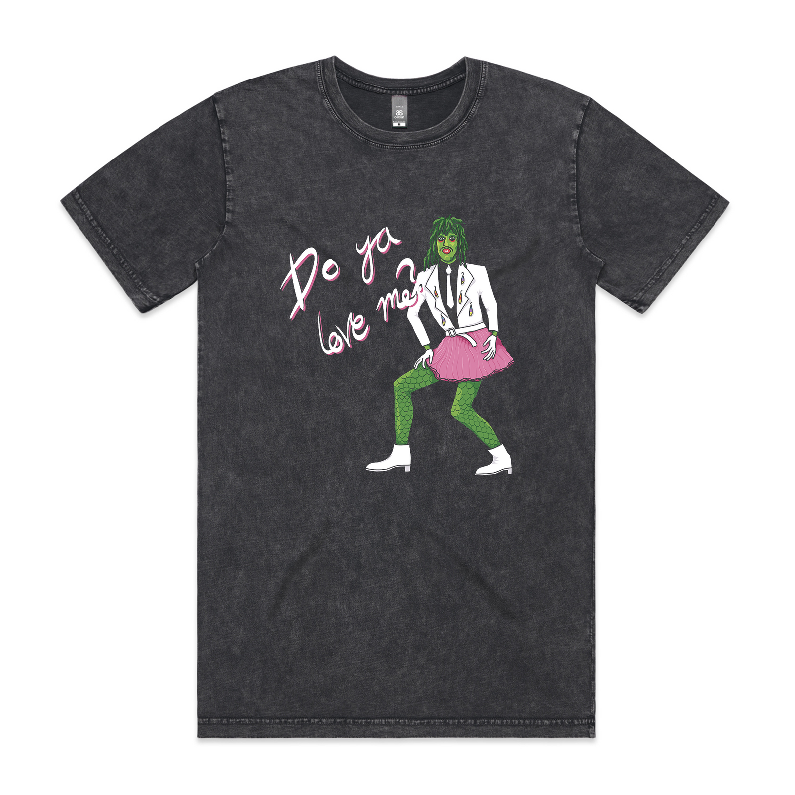 Acid Washed The Mighty Boosh t-shirt with a graphic of a Old Gregg in green pants and a pink skirt, with text 'Do ya love me?' on a white background.
