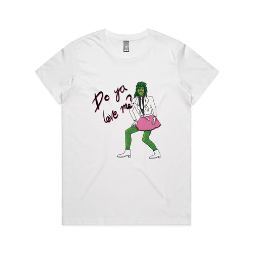White The Mighty Boosh t-shirt with a graphic of a Old Gregg in green pants and a pink skirt, with text 'Do ya love me?' on a white background.