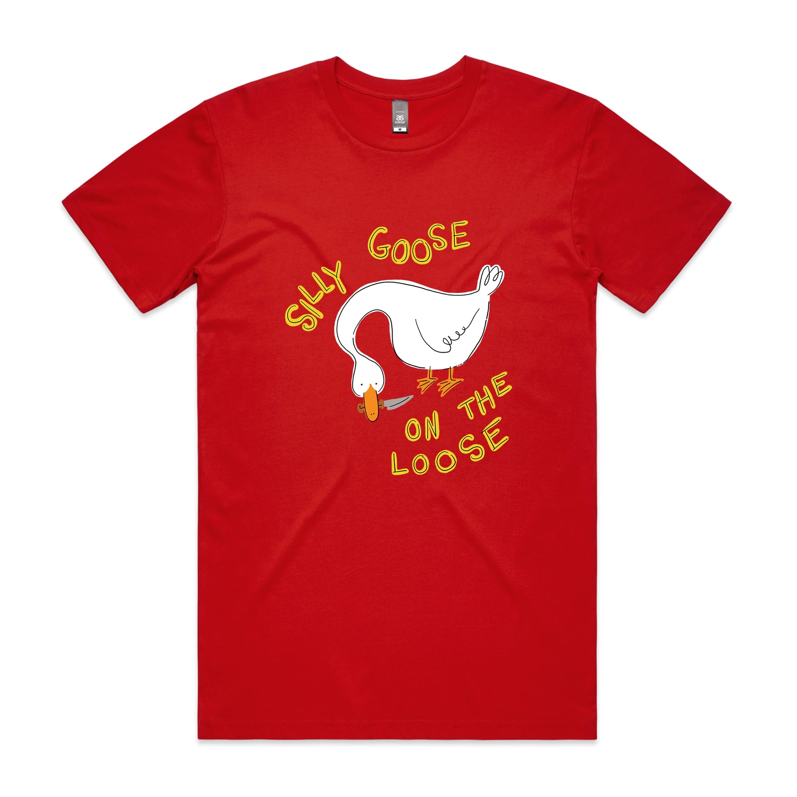 Red t-shirt with a goose graphic and text on a white background