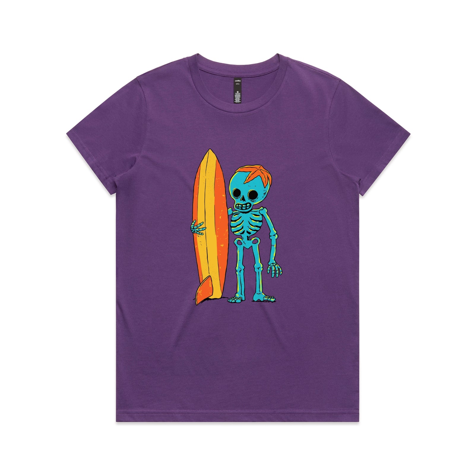 Purple fitted womens t-shirt with Skeleton Surfer graphic by Lonely Kids Club