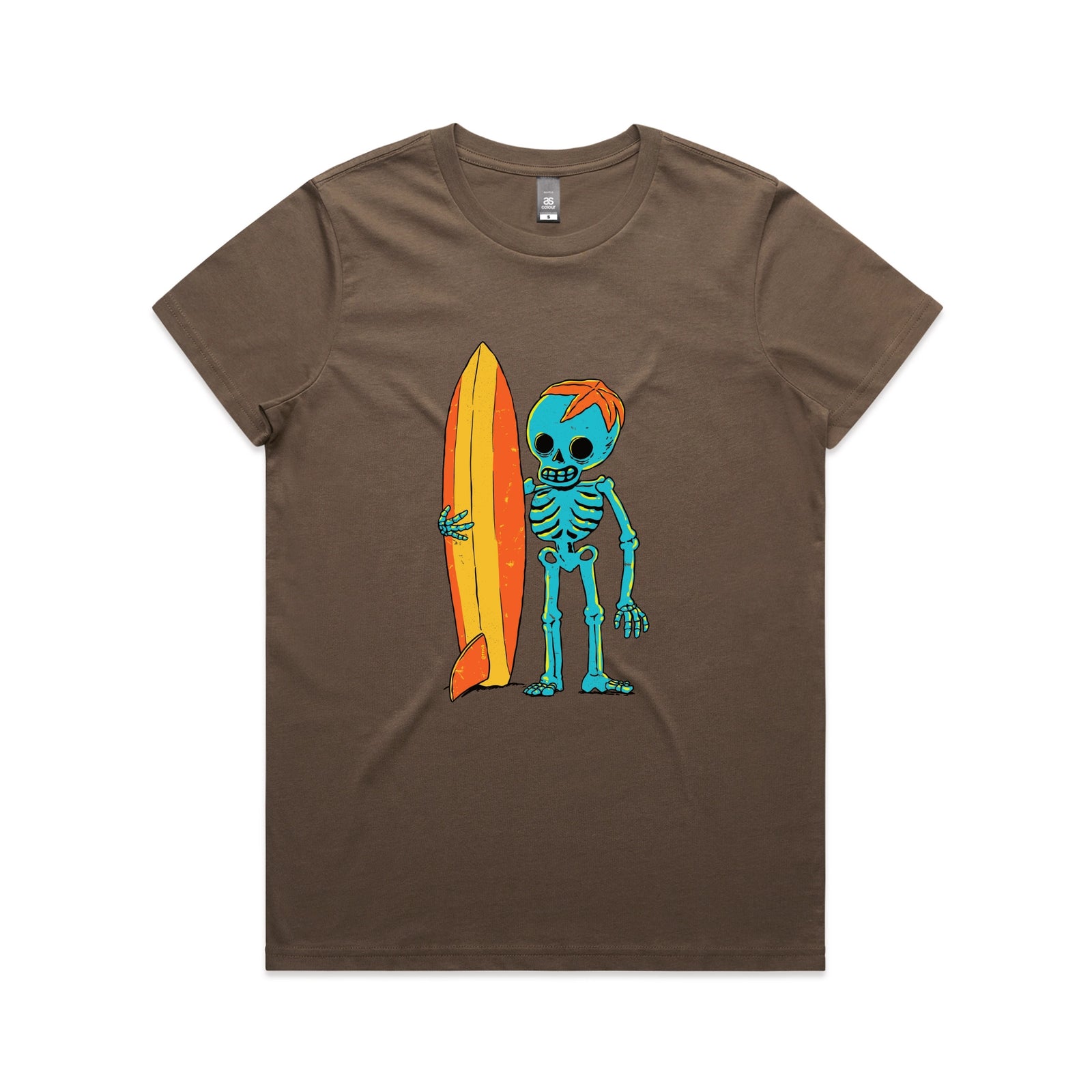 Walnut fitted womens t-shirt with Skeleton Surfer graphic by Lonely Kids Club